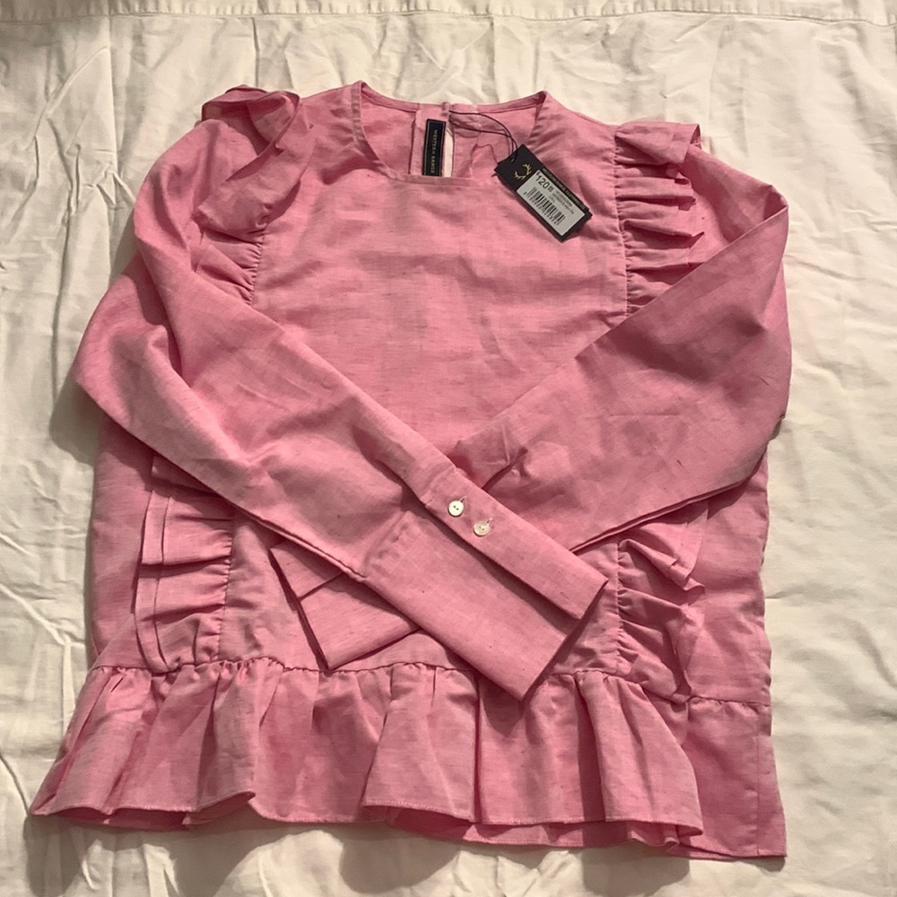🩷NWT 🆕 WESTERN RANGE CLOTHING CO Pink Ruffle Long Sleeve Cotton & Linen Blouse